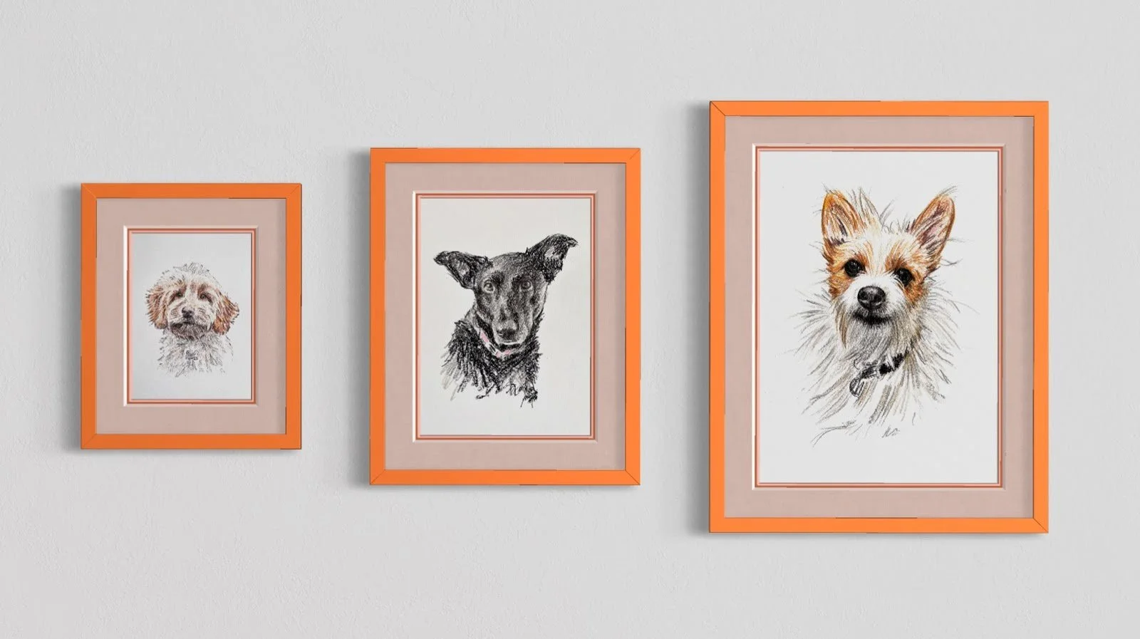 Three custom pet portraits displaying different size variations