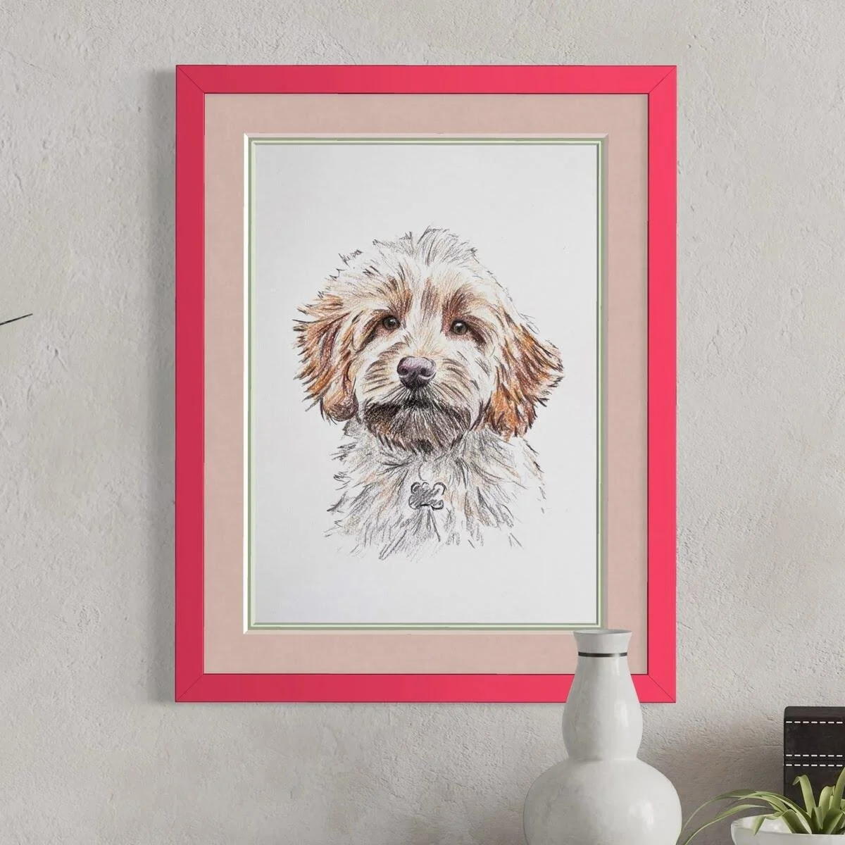 Finished custom pet portrait artwork framed on wall