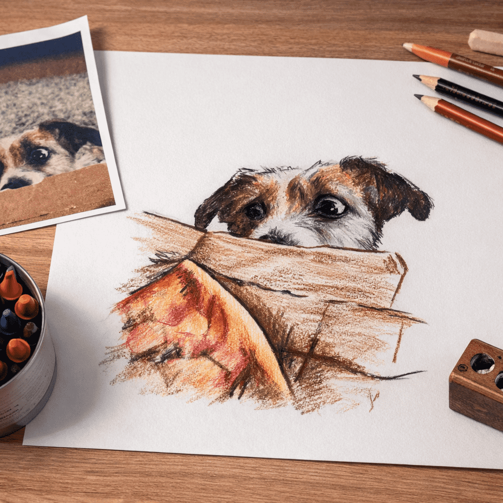 Hand drawn Parson Russell Terrier pet portrait of Dudley created from a photo using coloured pencil and wax crayon