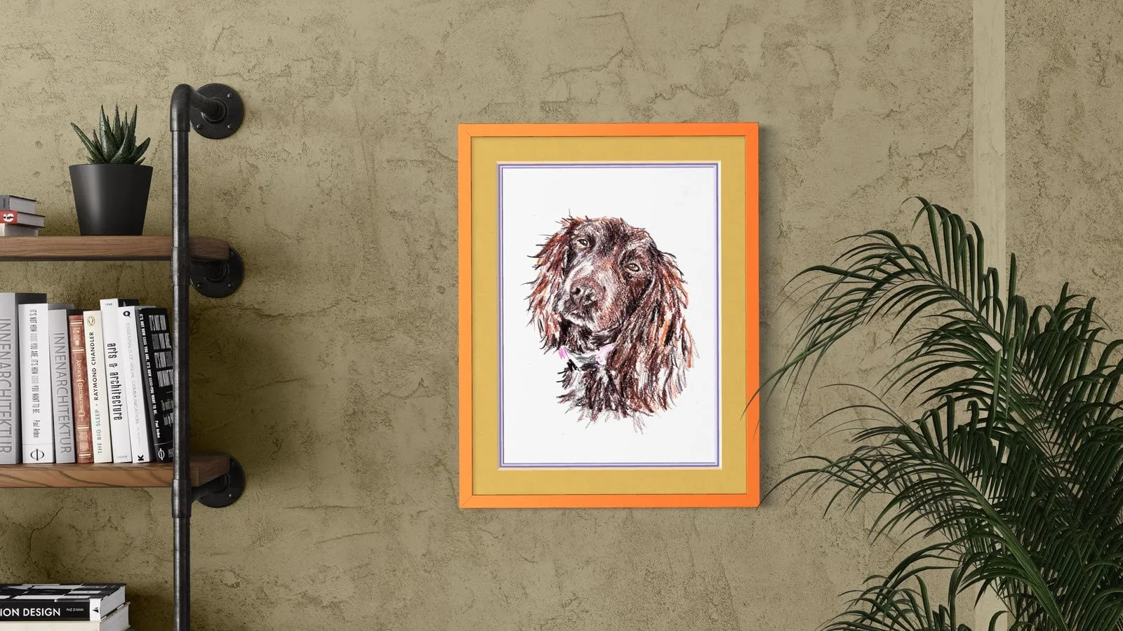 Framed working cocker spaniel pet portrait on wall