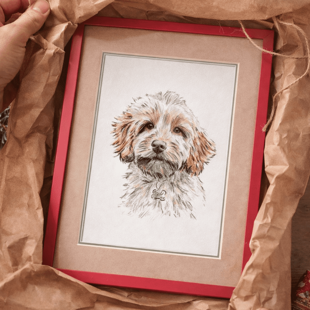 Finished custom pet portrait artwork framed and wrapped as gift
