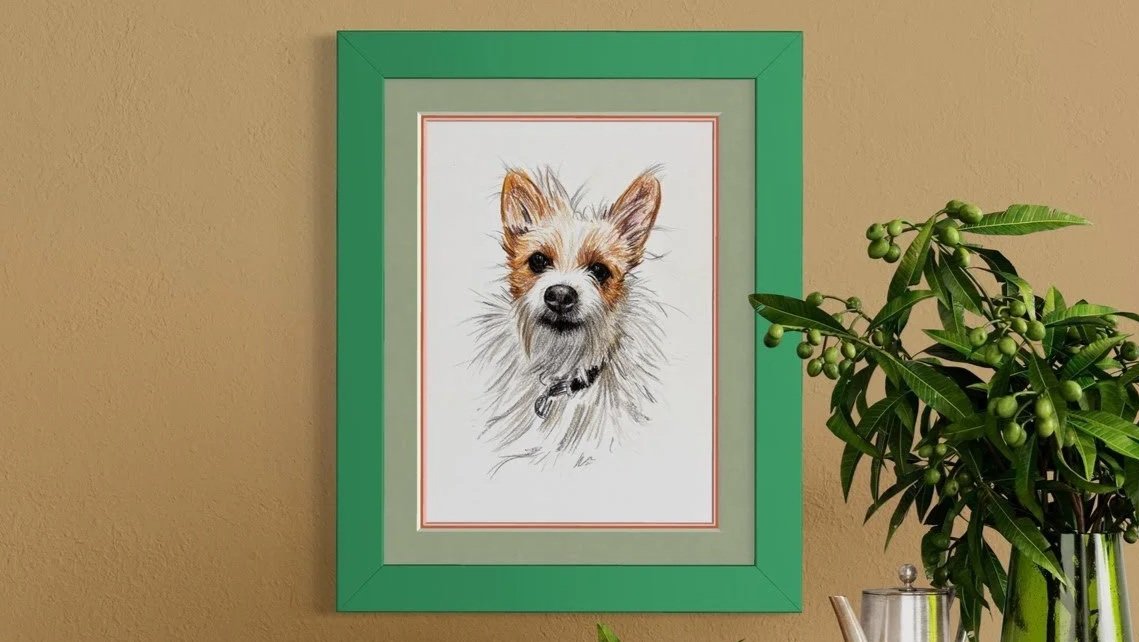 Framed pet portrait of Pebbles the rescue dog