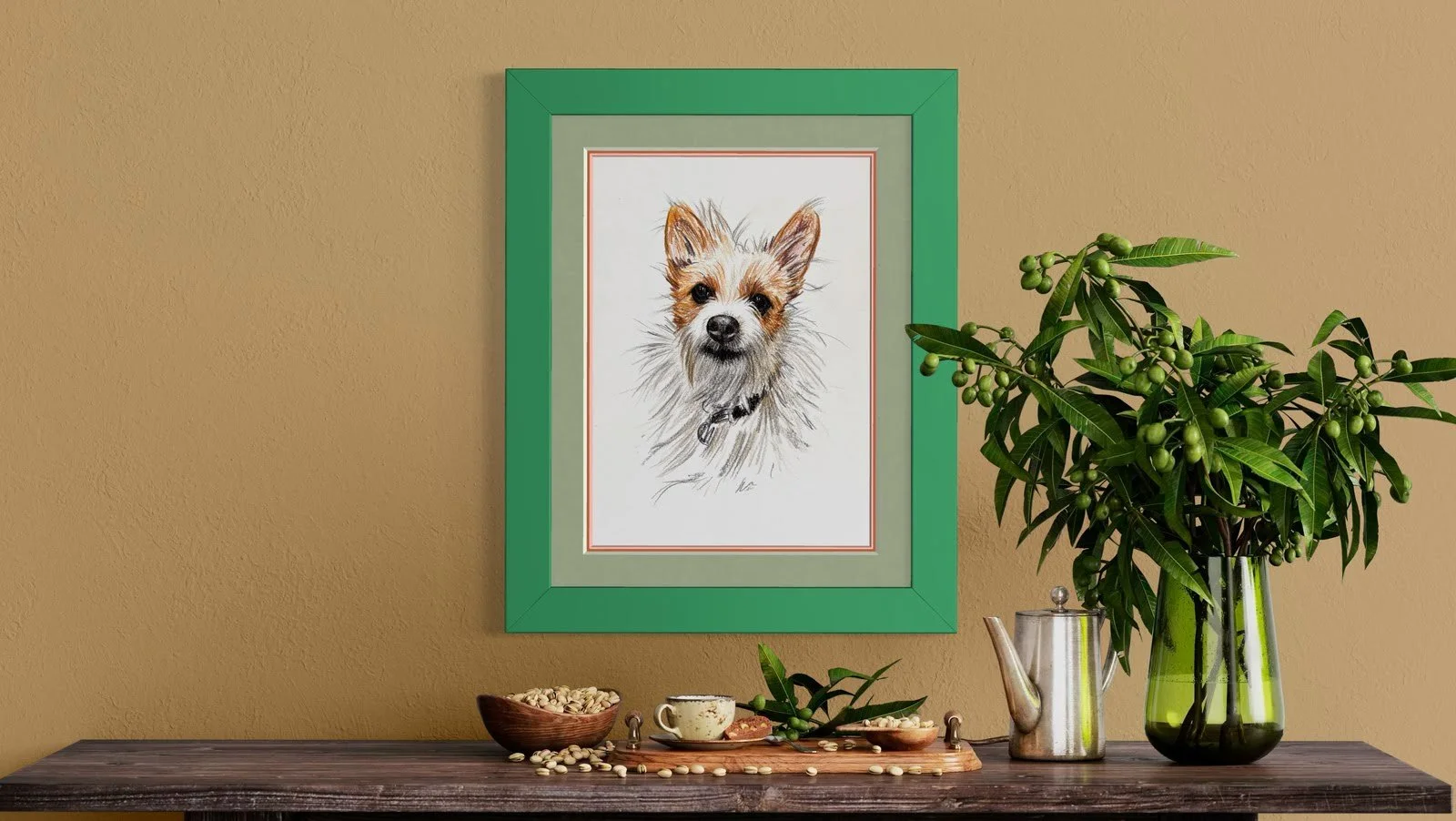 Custom pet portrait in green frame on modern wall