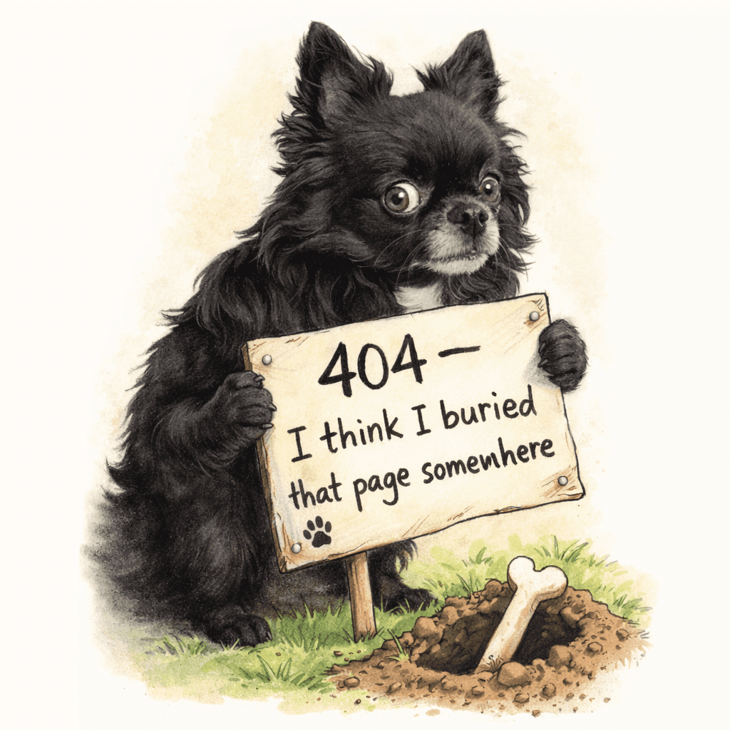 Badger the black chihuahua holding a humorous 404 page sign in a hand-drawn pet portrait illustration by UK artist Jonny Atkinson