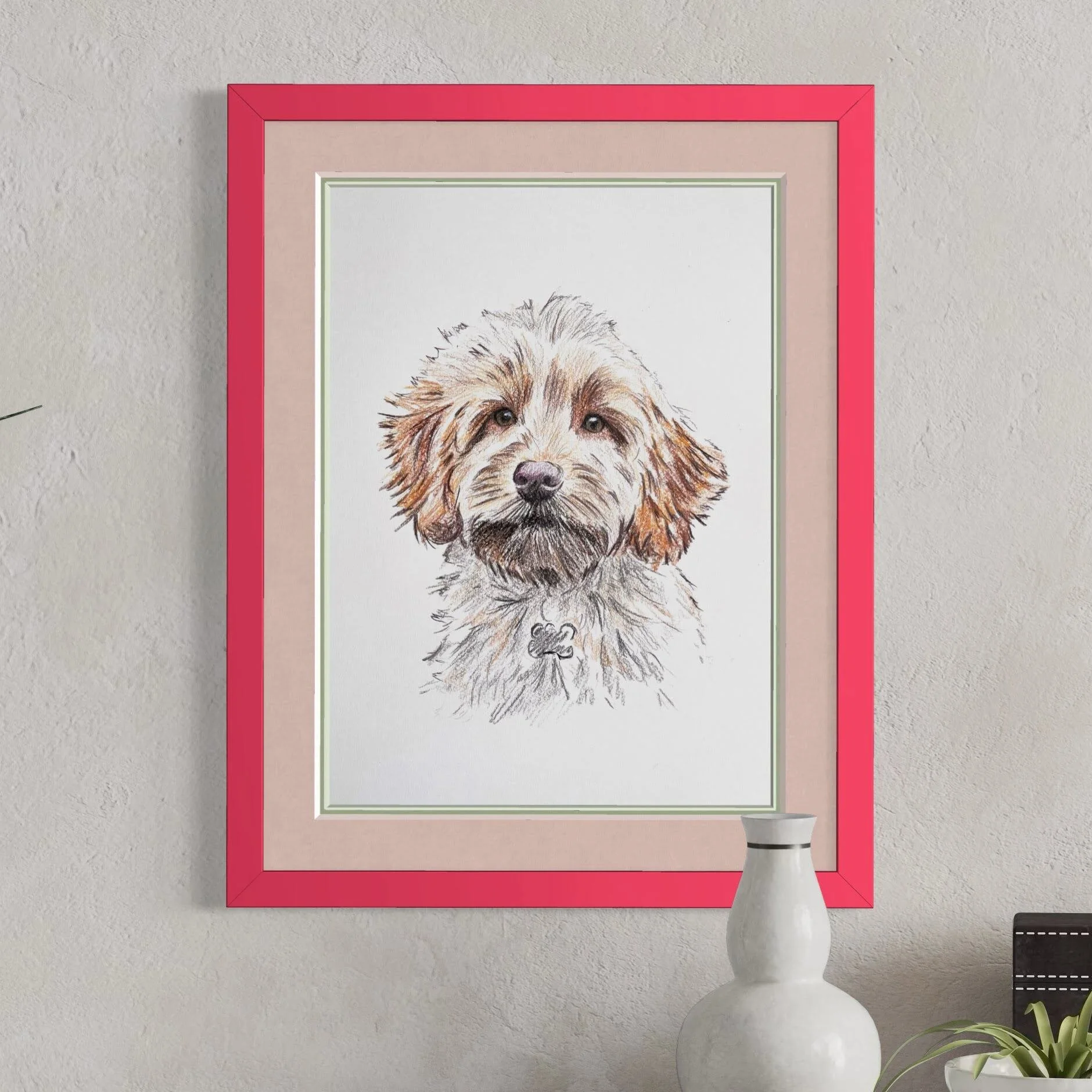 Framed custom pet portrait artwork in modern home decor