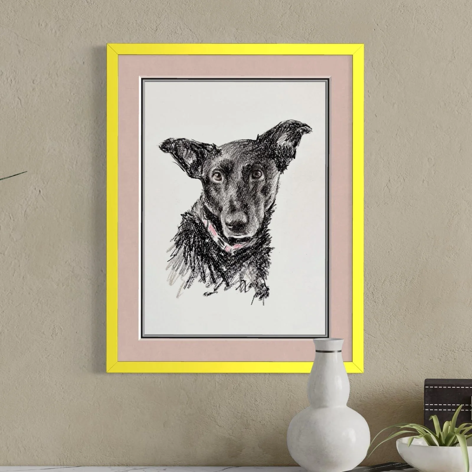 Framed custom black dog portrait coloured drawing in modern home decor