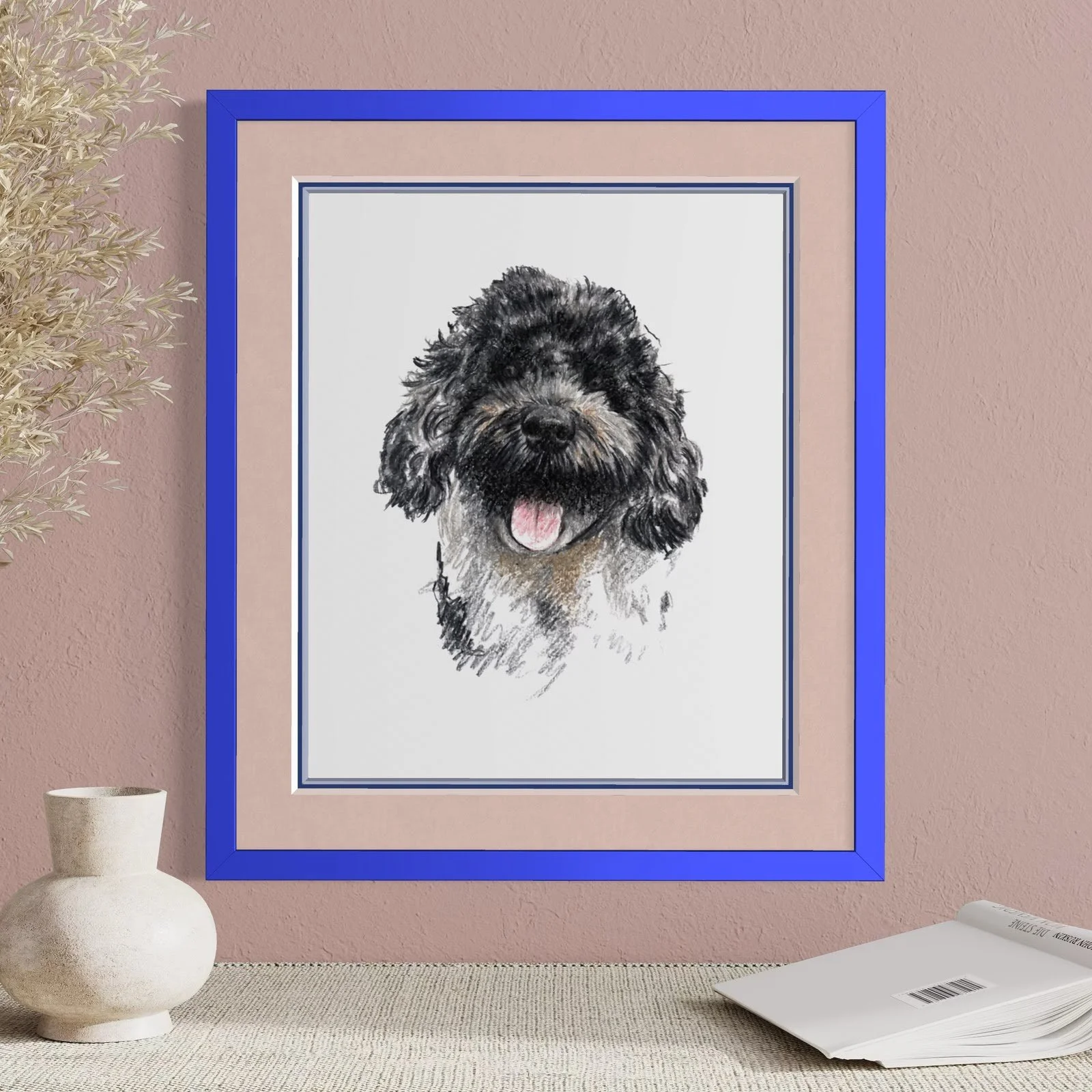 Framed hand drawn cockapoo portrait on wall in modern home close up