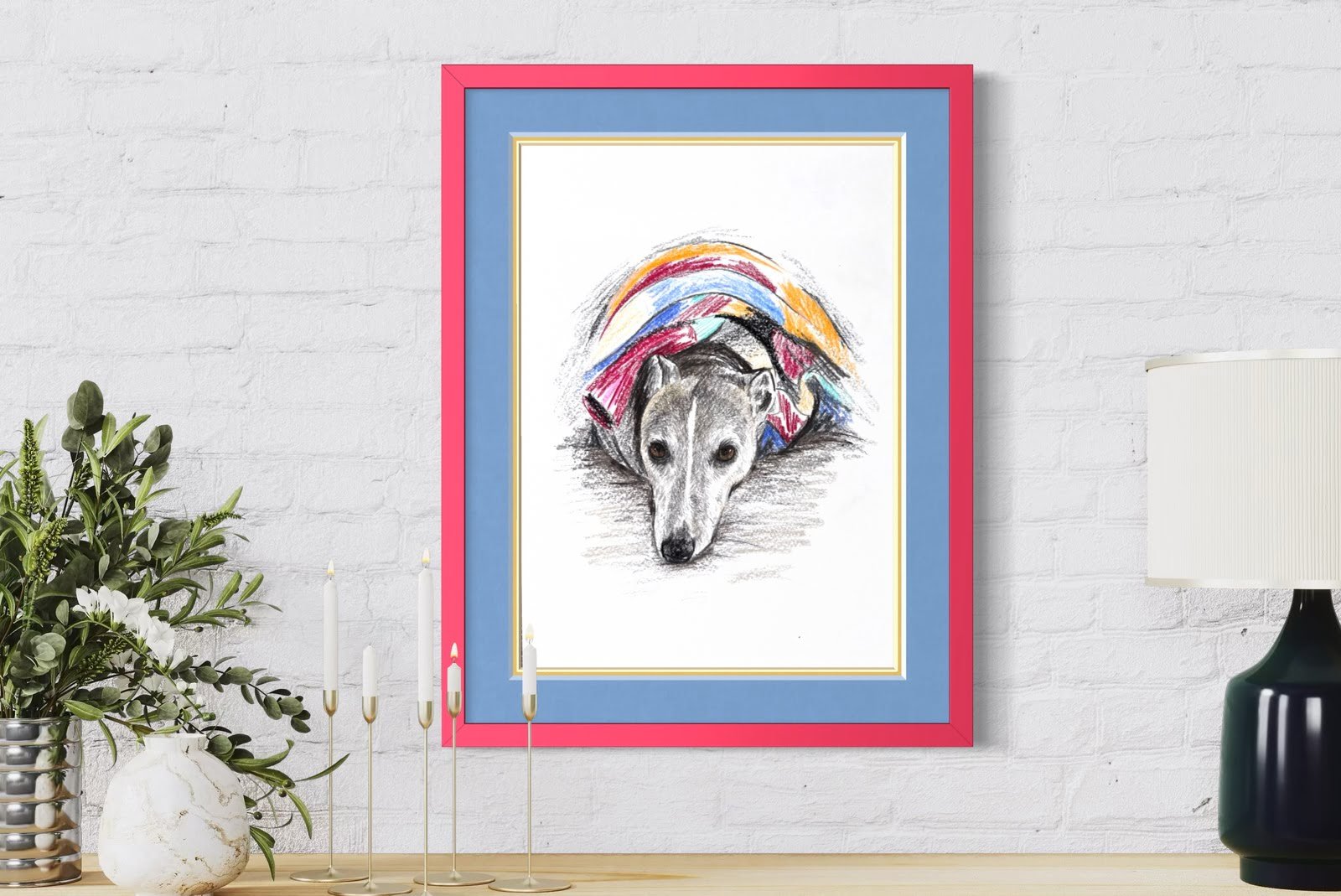 Framed whippet drawing on wall in modern home