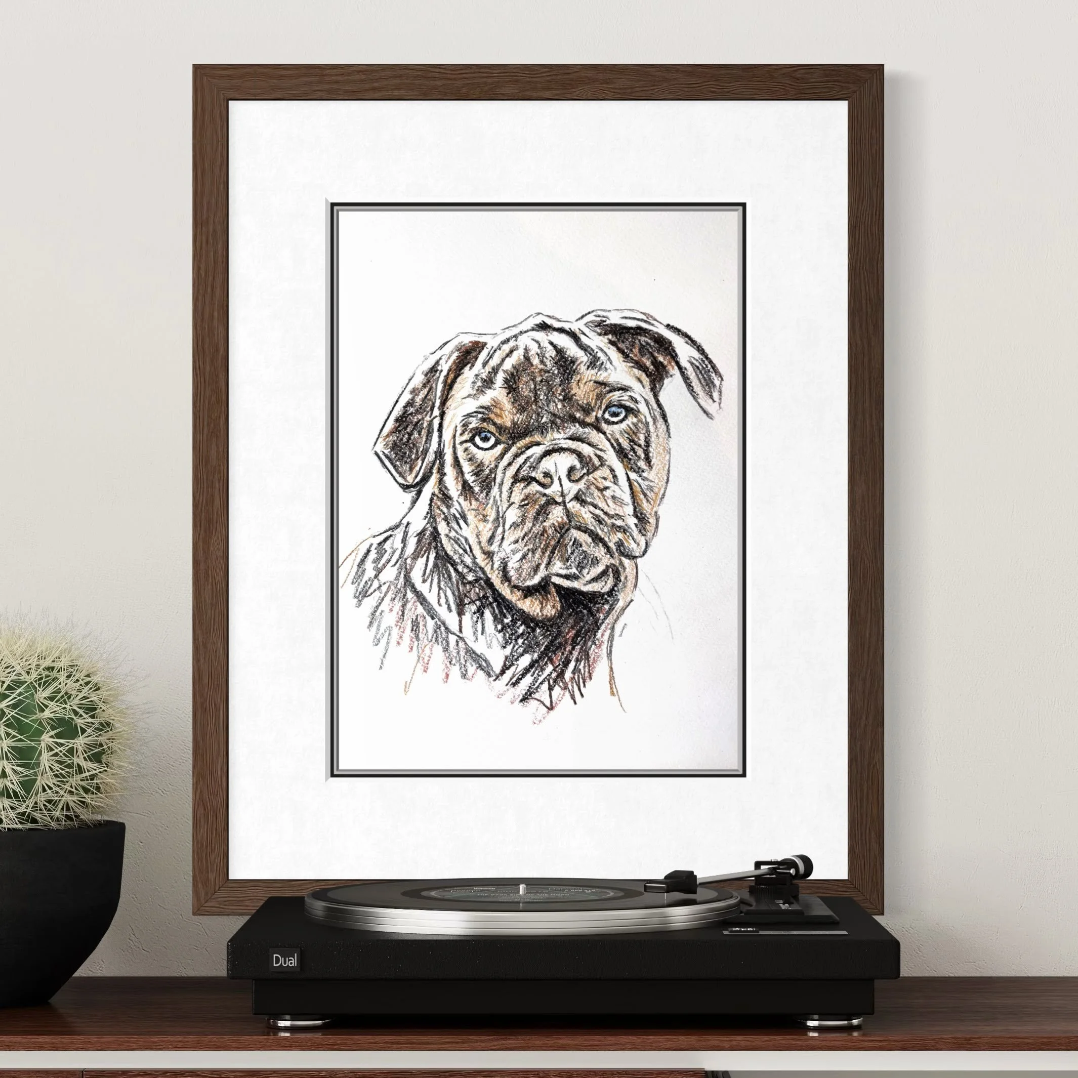 Framed pet portrait displayed above a turntable in a modern living room by Jonny Atkinson