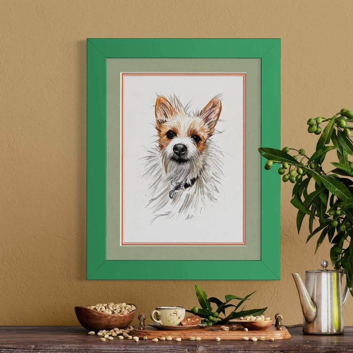 Framed custom dog portrait in coloured pencil UK