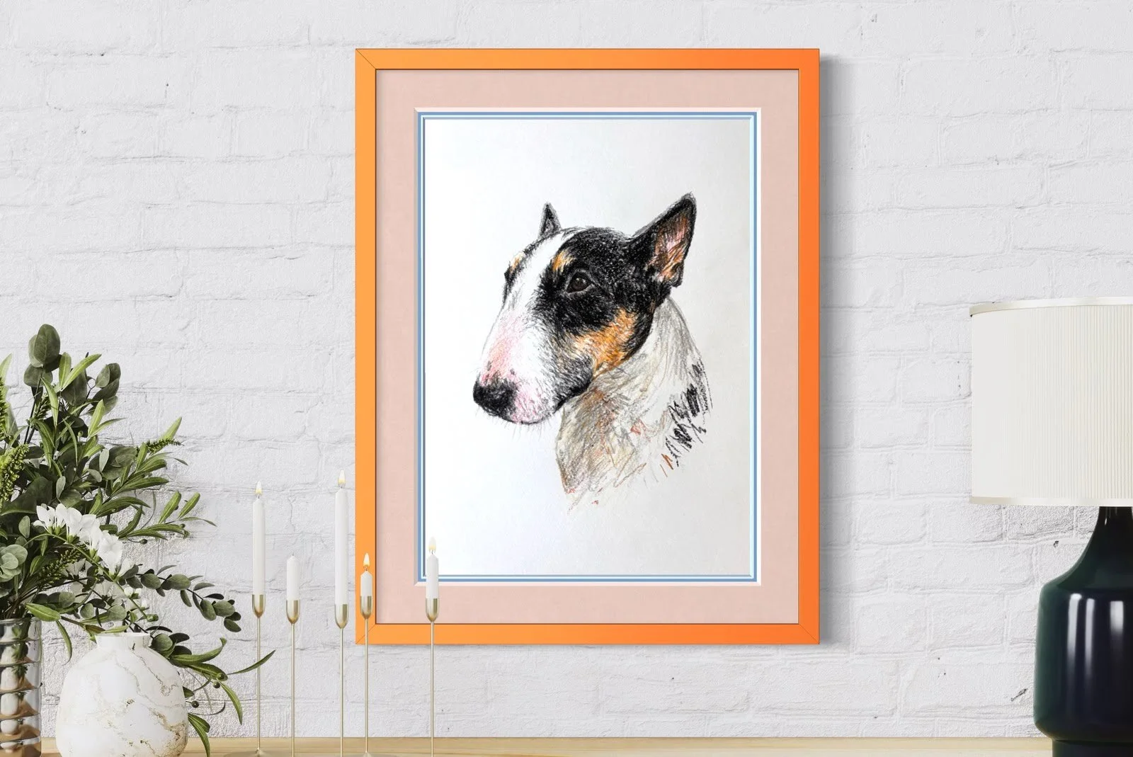 Framed bull terrier drawing on wall in modern home