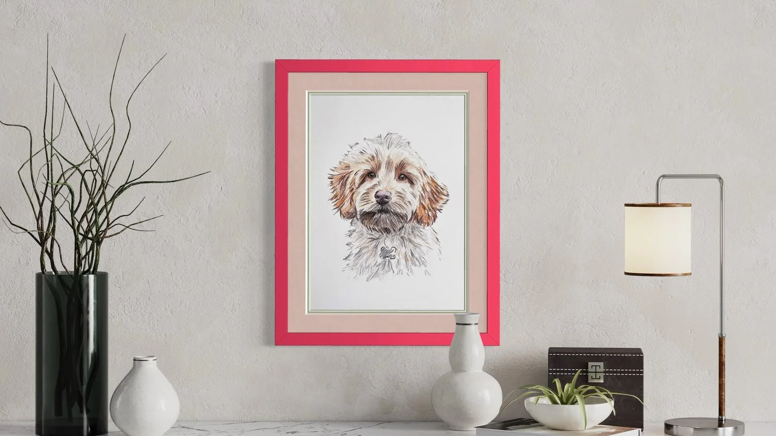 Framed hand drawn pet portrait of cockapoo puppy in modern home