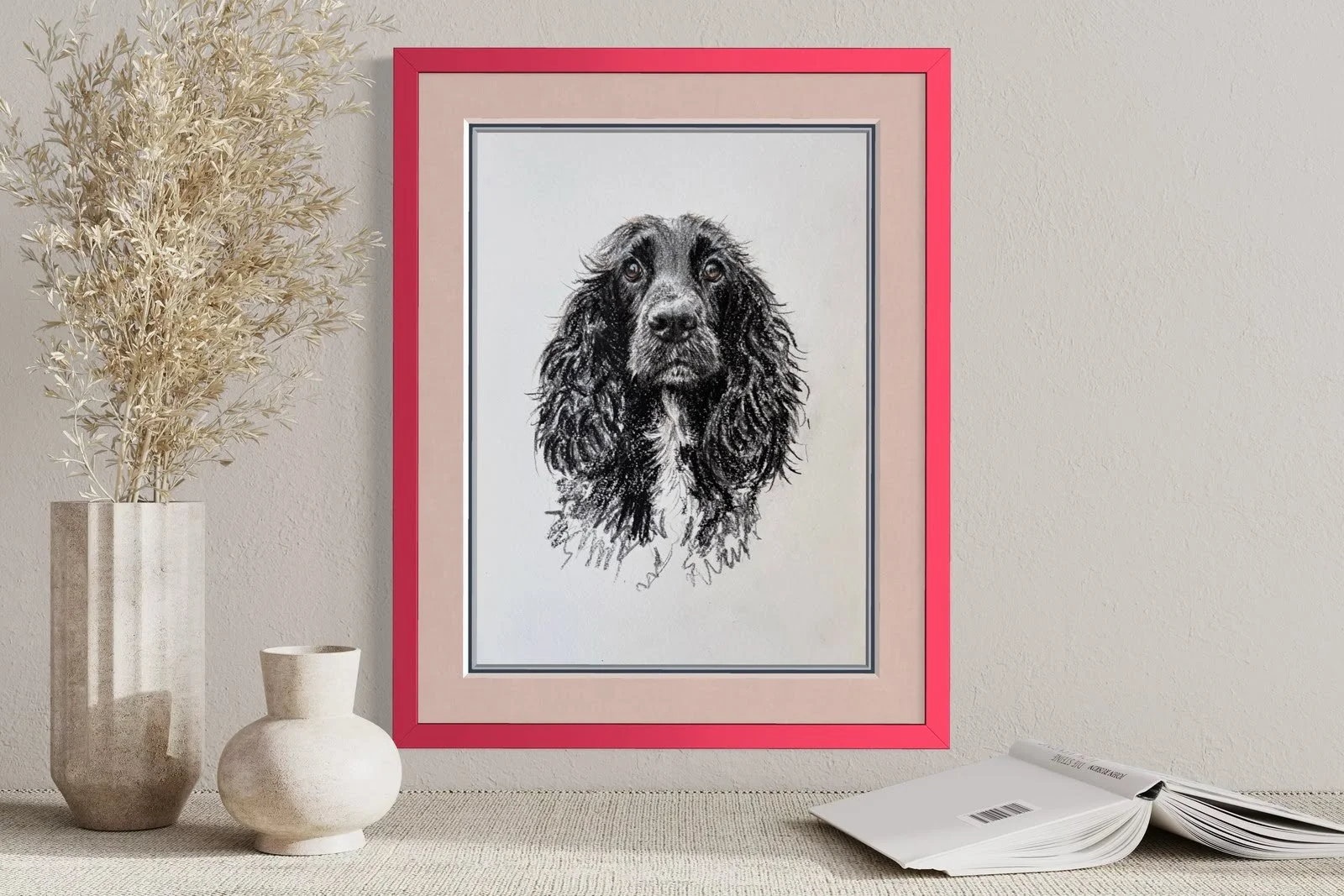 Framed cocker spaniel drawing on wall in modern home