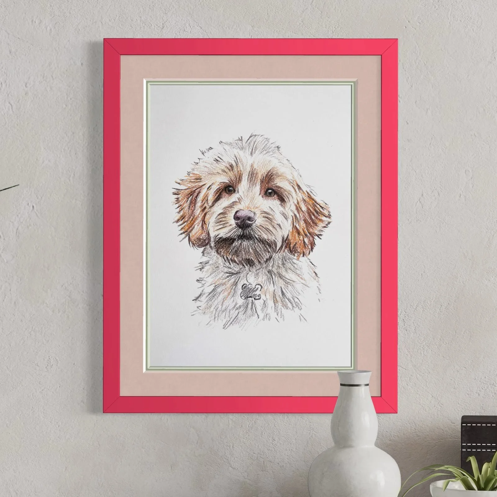 Framed hand drawn pet portrait in modern home
