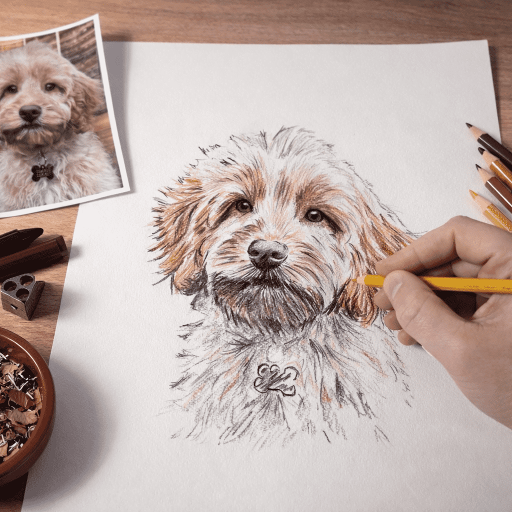 Close up of artist drawing custom dog portrait UK