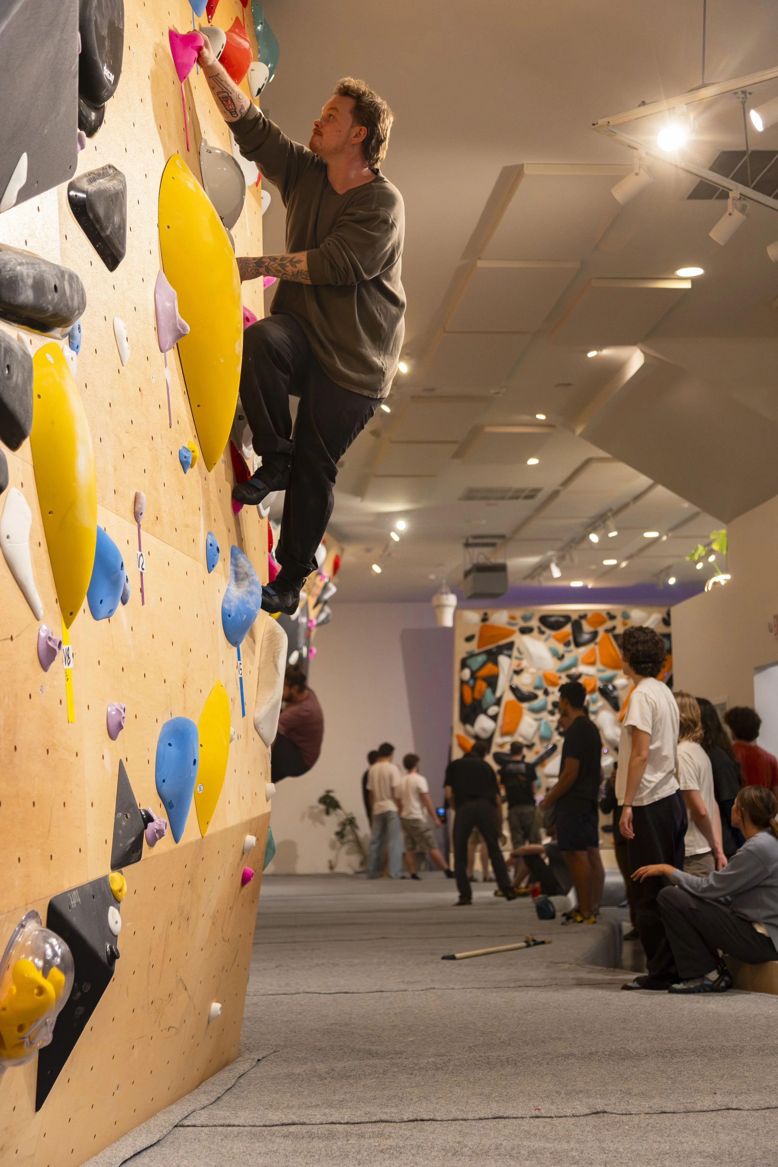 Looking down the bouldering wall
