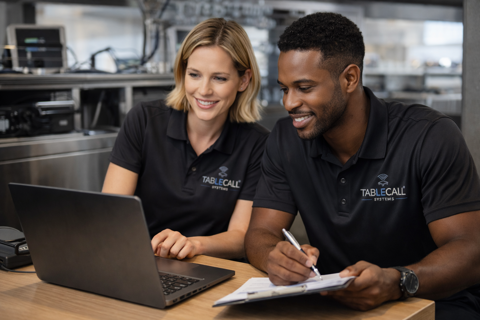 TableCall Systems team reviewing system details and planning an installation during an on-site consultation.