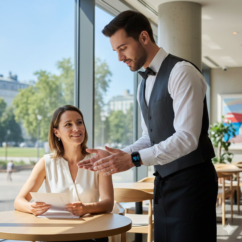 Staff member responding to a guest request and providing attentive service in a calm, professional service environment.