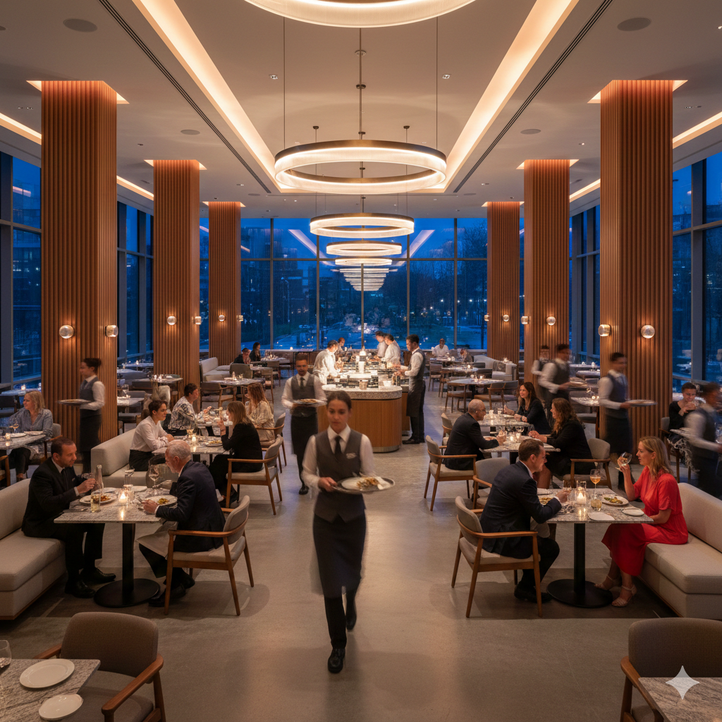 Staff moving efficiently through a busy service venue during evening operations, demonstrating smooth service flow and fast response.