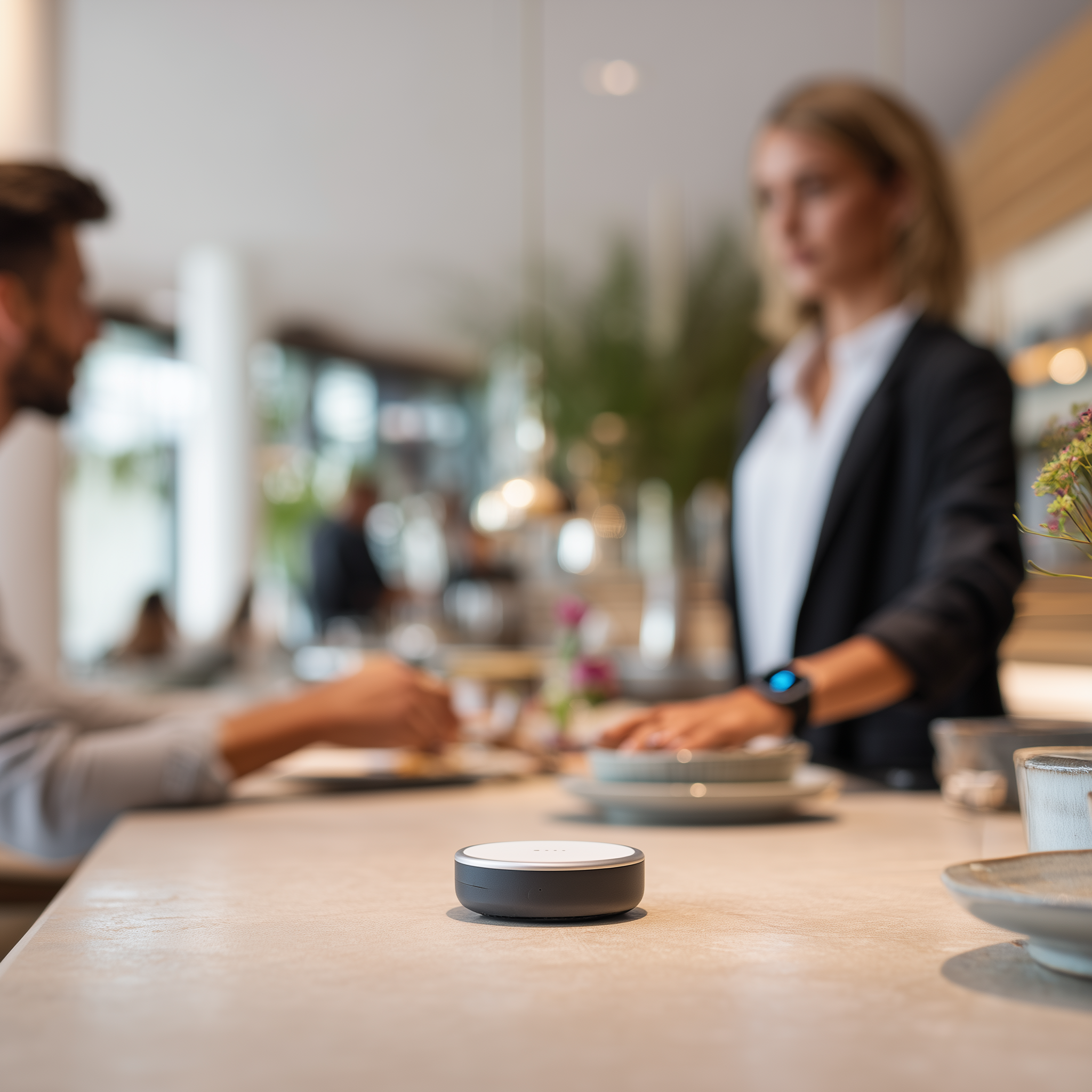 Wireless call button on table with staff wearing smart watch responding to service request