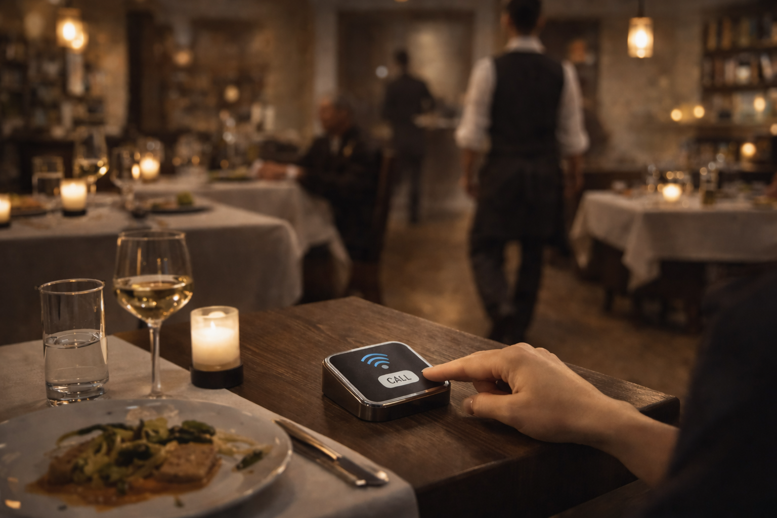 Guest pressing a wireless call button on a table to request service, with staff responding in a busy evening service environment.