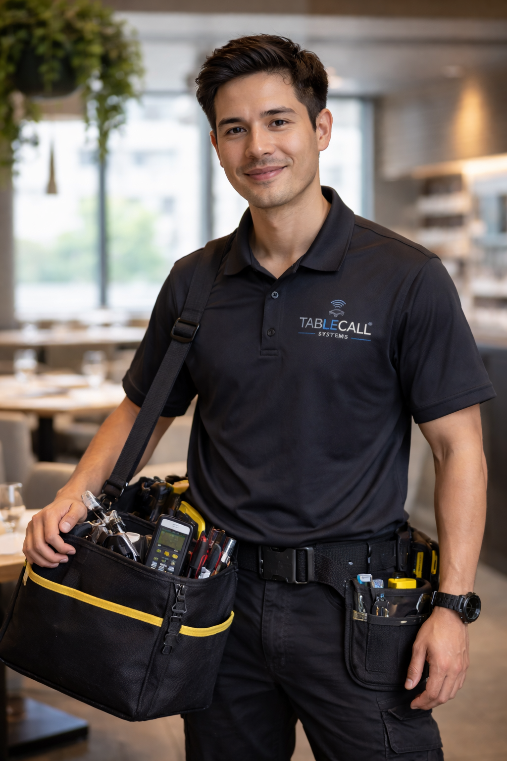 TableCall Systems technician equipped with professional tools, prepared for on-site installation and system setup.