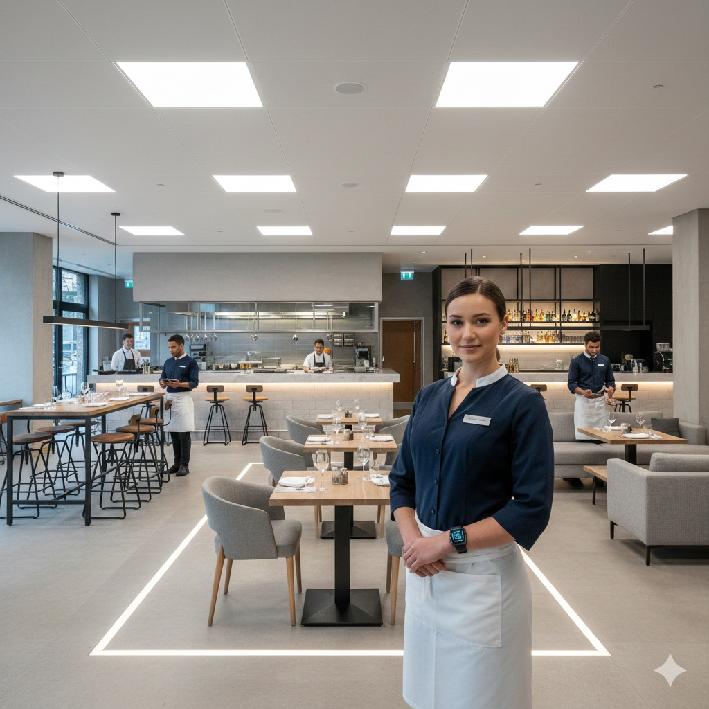 Front-of-house staff standing in a well-organised service venue, ready to respond efficiently to guest requests.