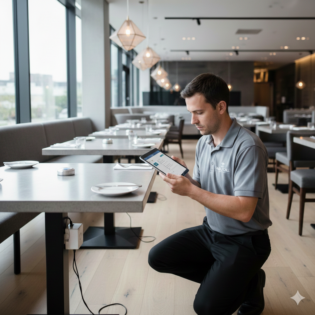 Technician configuring a wireless call button system at a table during professional on-site installation.