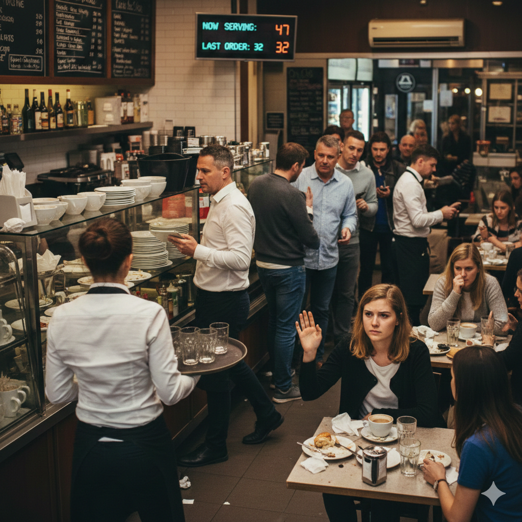 Guests waiting for service in a busy venue, with staff overwhelmed and requests being missed during peak operating hours.
