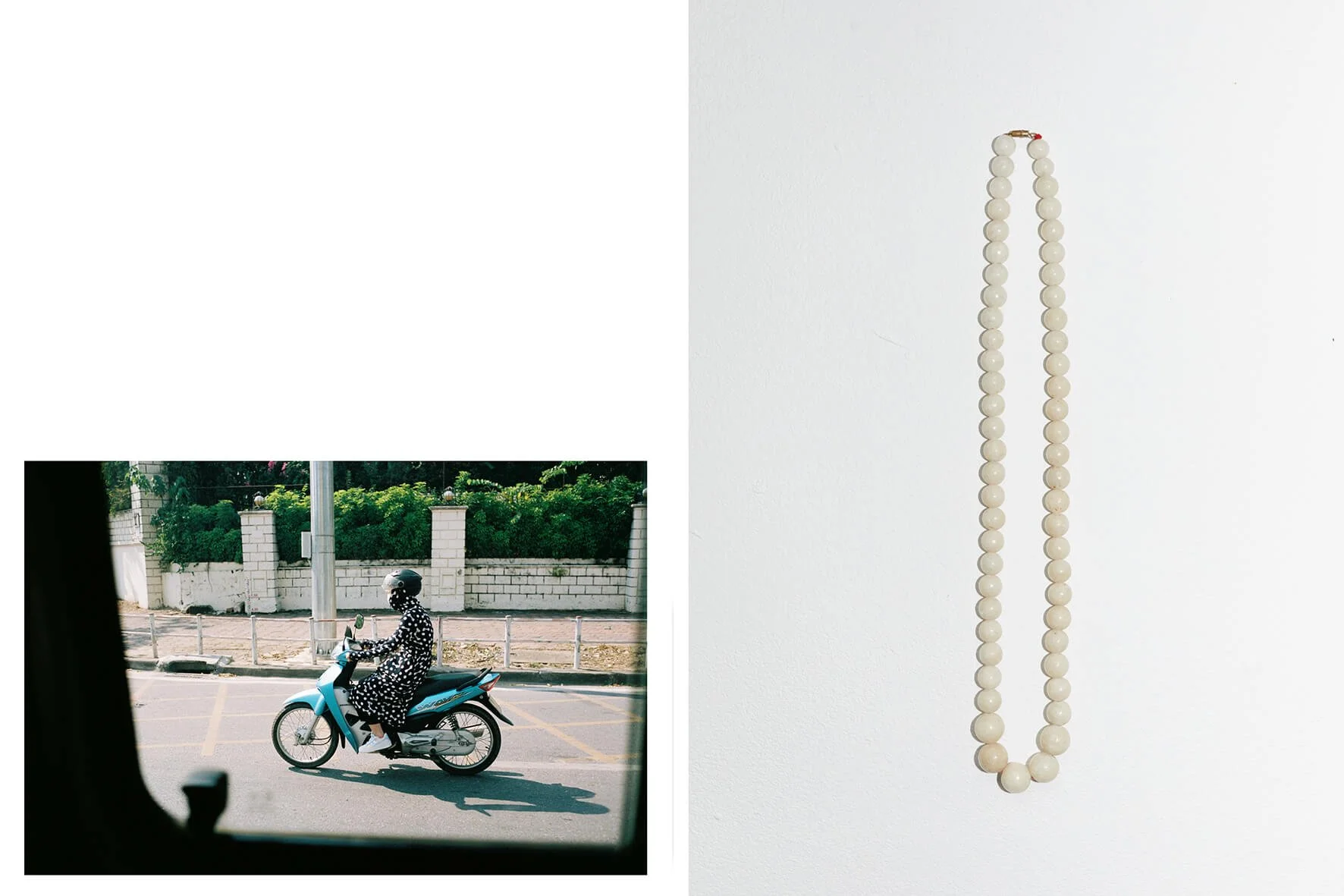 Photograph of a woman riding a blue motor scooter on a street, viewed through a window, with lush greenery and a brick wall in the background. Next to this, a white background displays a long strand of white mala beads hanging.