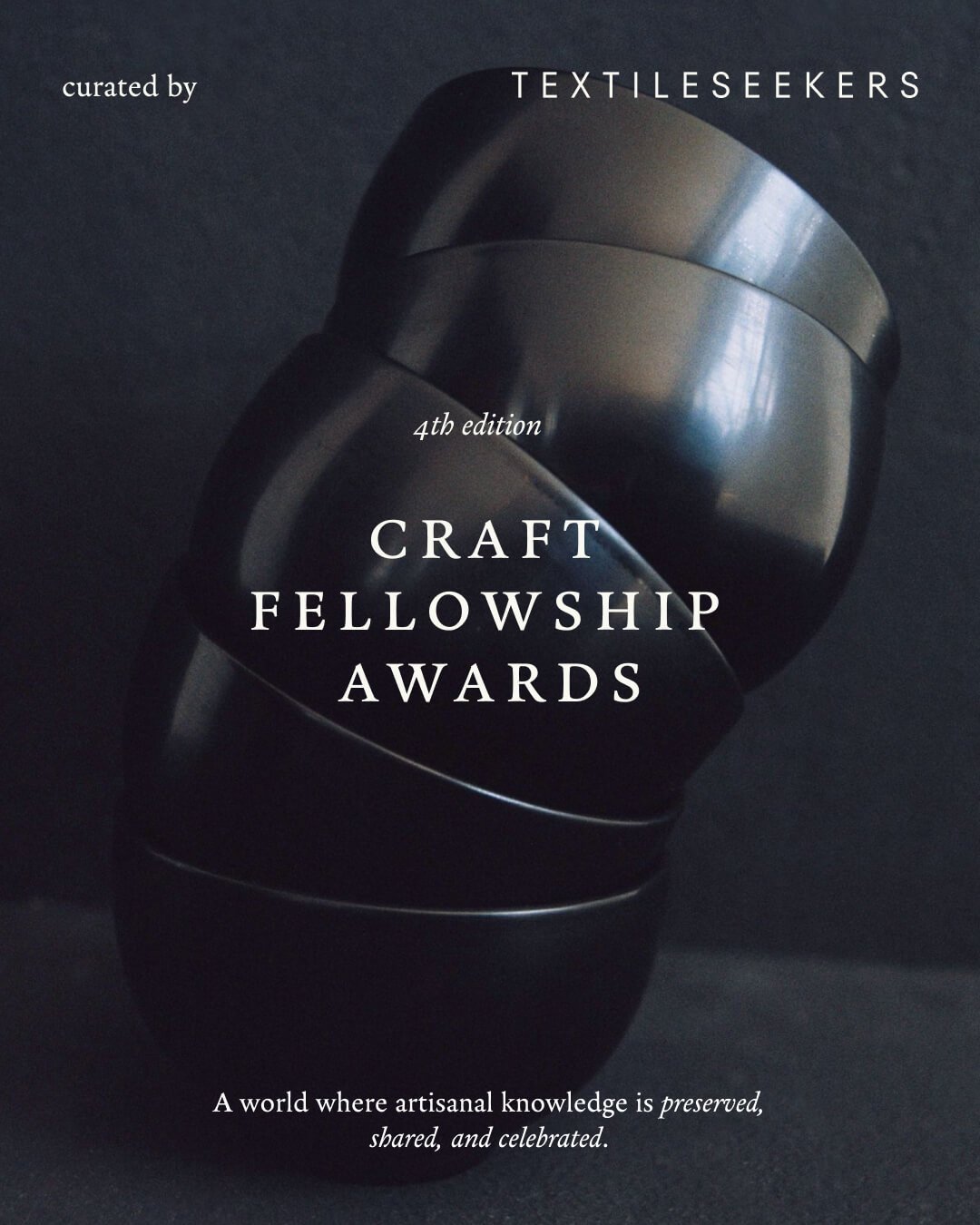 Cover of a book titled "Craft Fellowship Awards, 4th edition, curated by Textile Seekers" with a dark background and five bowls.