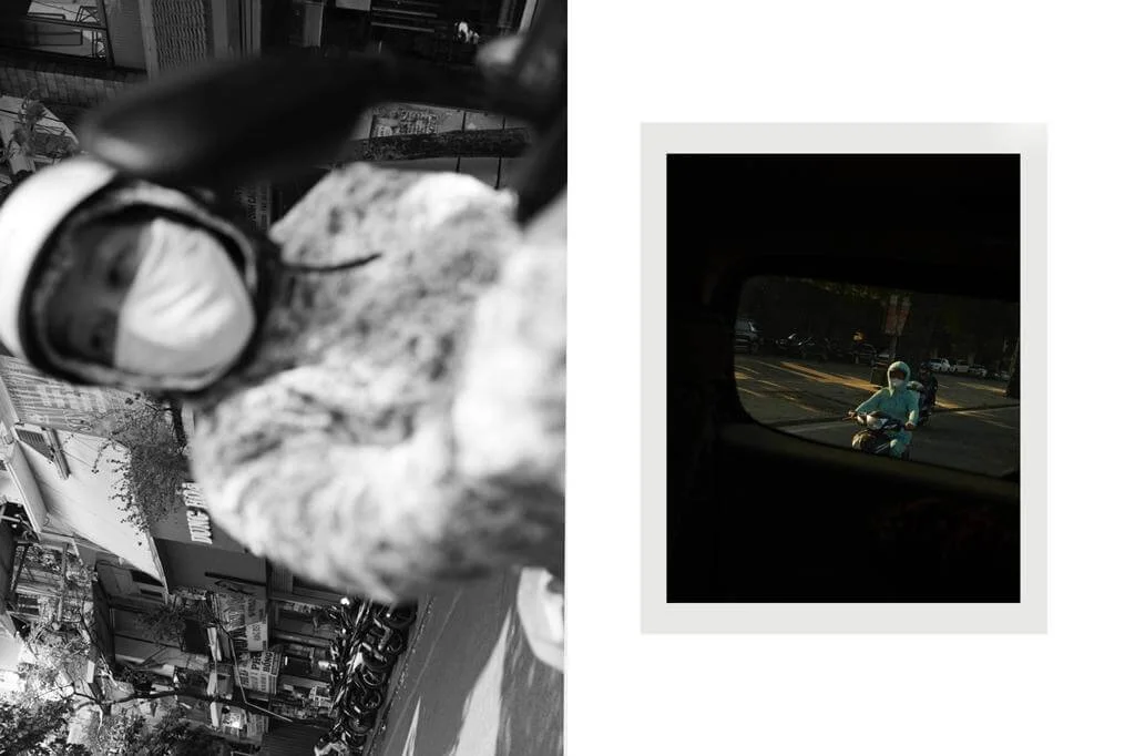 Black-and-white photo of a person wearing a mask and a helmet, on a motorbike on a busy street, with vehicles and buildings in the background. A color photo of a person riding a scooter, wearing a mask and sunglasses, viewed through a vehicle window.