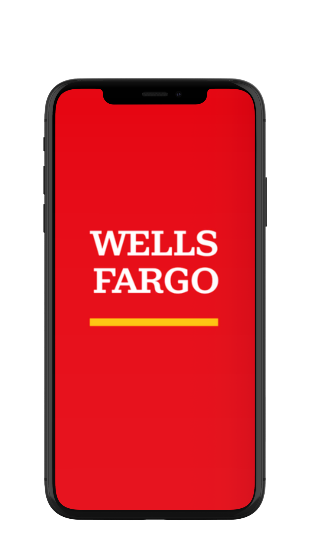 Smartphone screen displaying the Wells Fargo bank logo on a red background with a yellow line underneath.