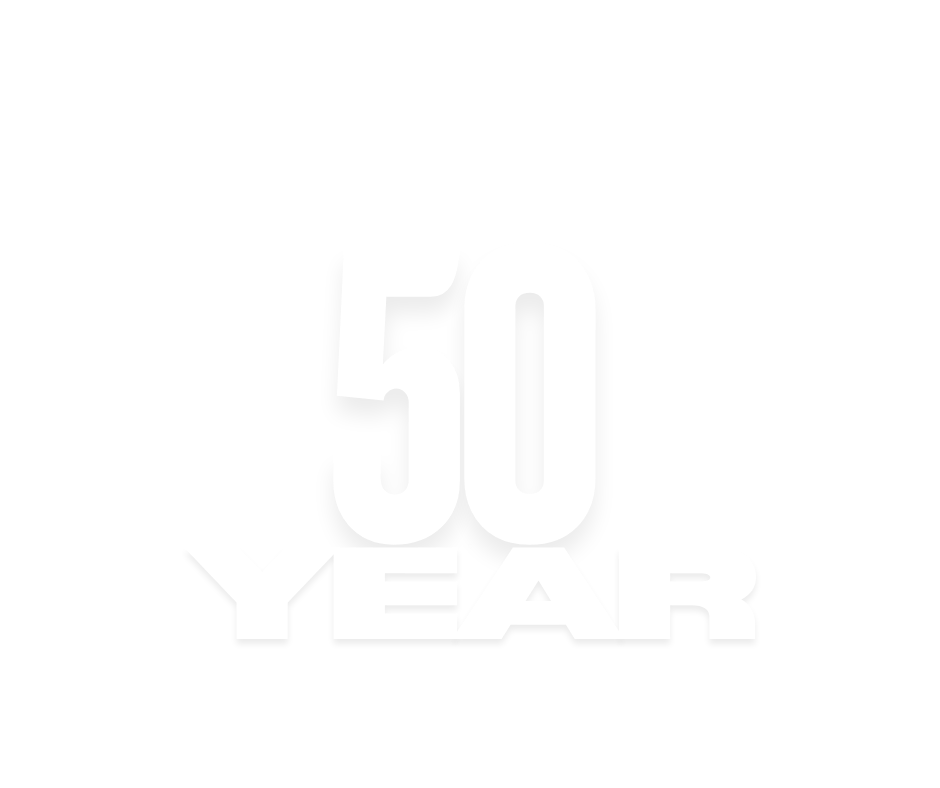 Text graphic with large white number 50 and the words "YEAAR" below on a black background, celebrating 50 years.