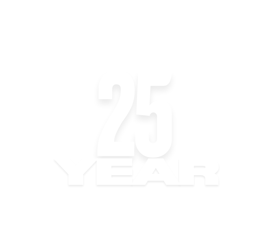 Graphic with white text on a black background celebrating 25 years.