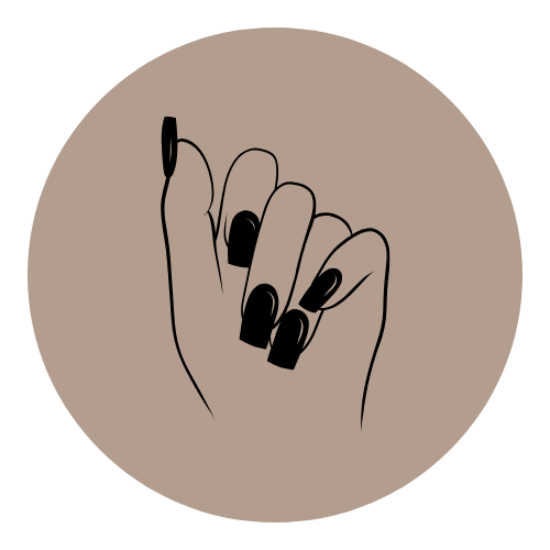 Line drawing of a hand with black painted nails, forming a fist.