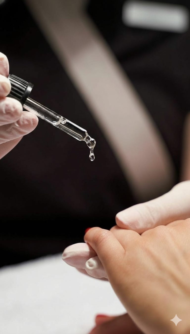 Close-up of a person in gloves using a dropper to apply liquid to their fingers.