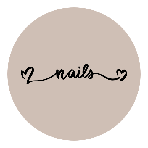 A circular logo with a beige background that says "nails" in black cursive font, with hearts on either side of the word.