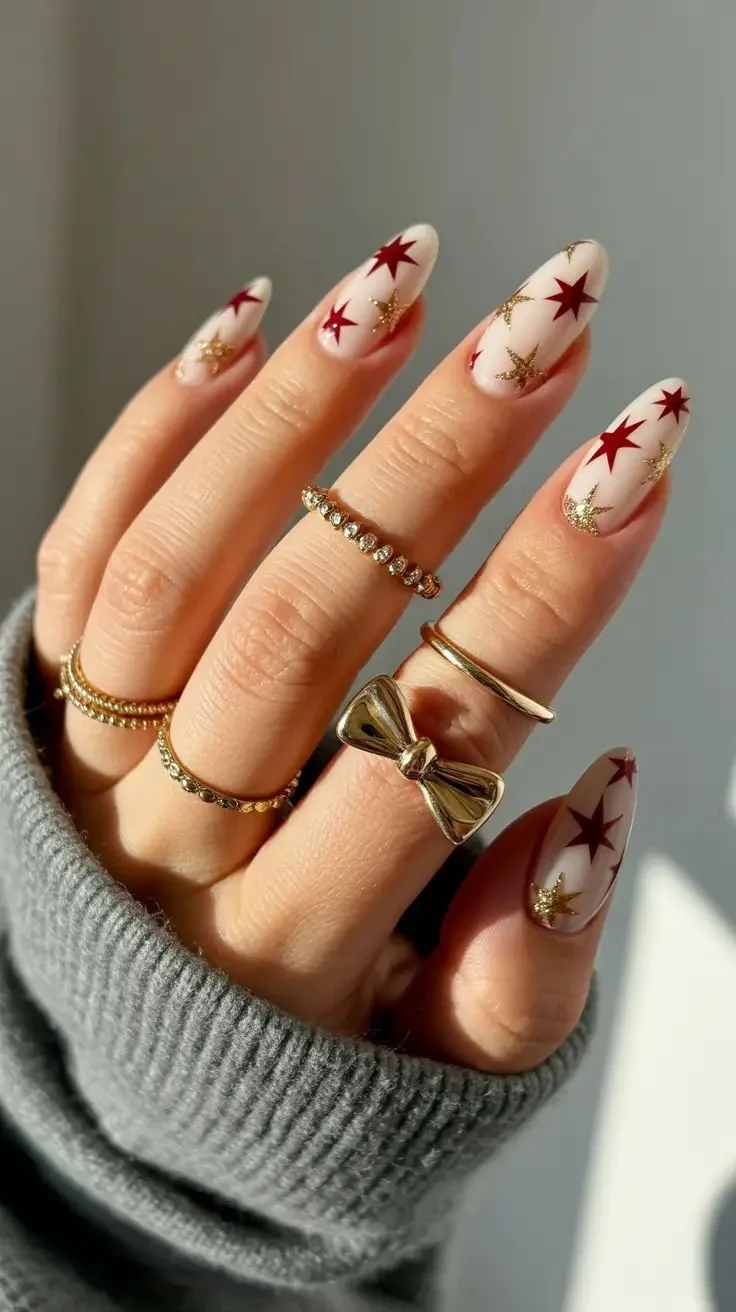 Close-up of a hand with star and moon nail art, wearing multiple gold rings, including a bow-shaped ring, against a gray background.