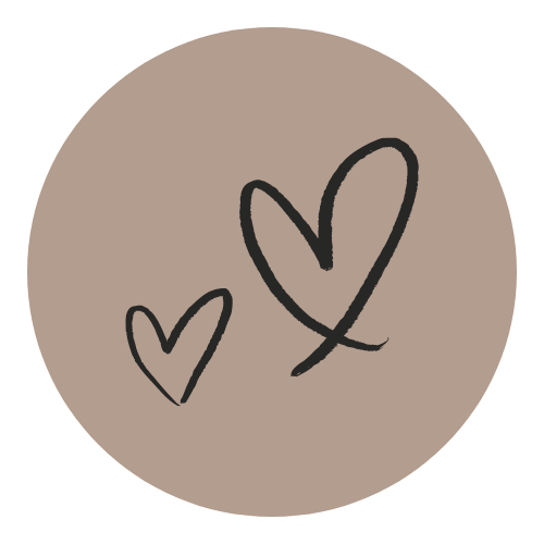 Two hand-drawn hearts on a beige circular background.