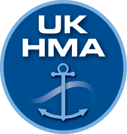 Blue circular logo with white text 'UK HMA' and a gray anchor symbol.
