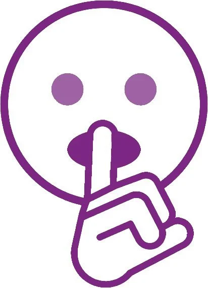 Un visage stylisé avec un doigt devant la bouche, symbole de silence, en couleur violette.