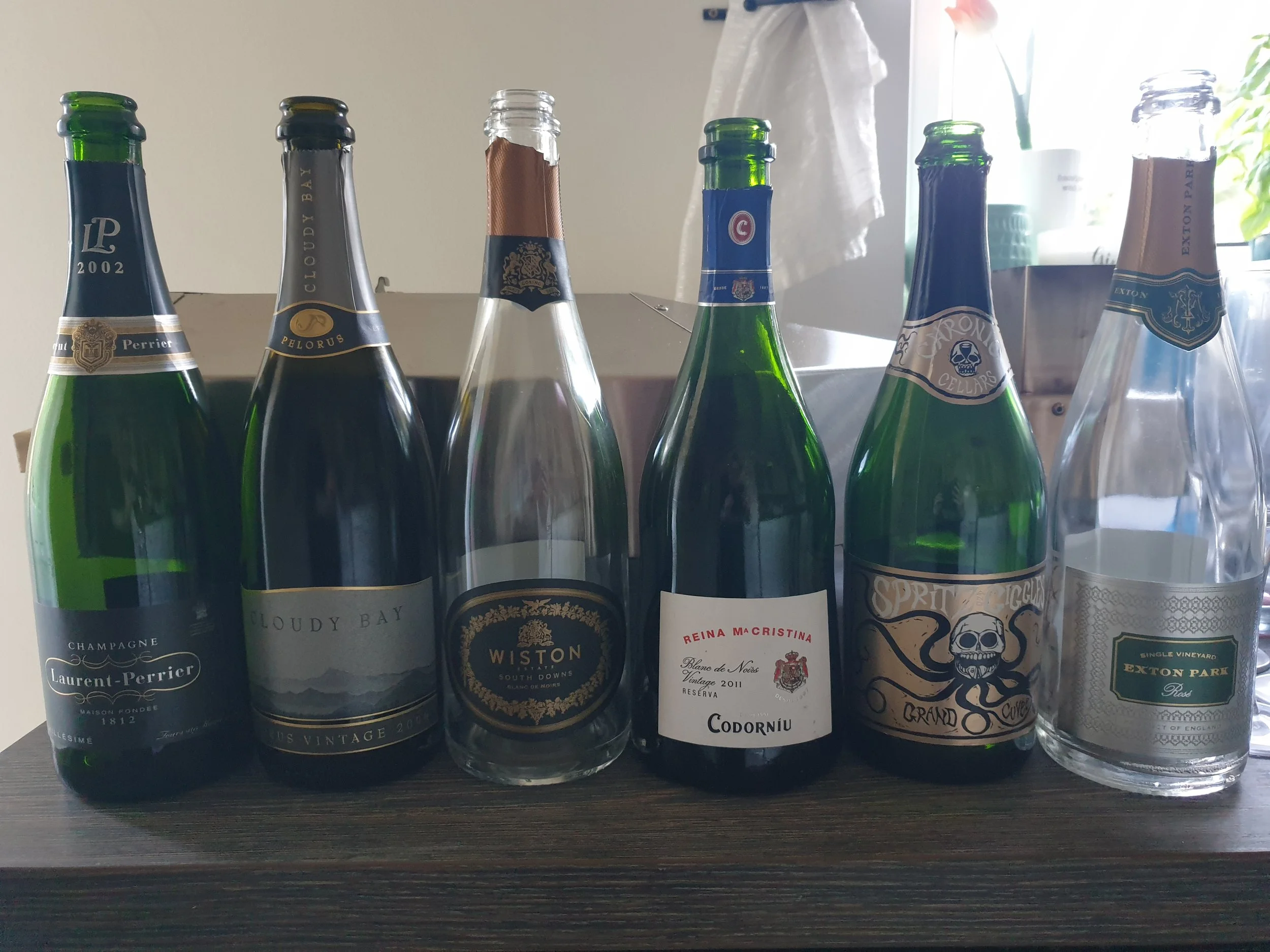 Selection of empty wine and champagne bottles arranged on a dark surface in front of a light-colored wall and a window with natural light.