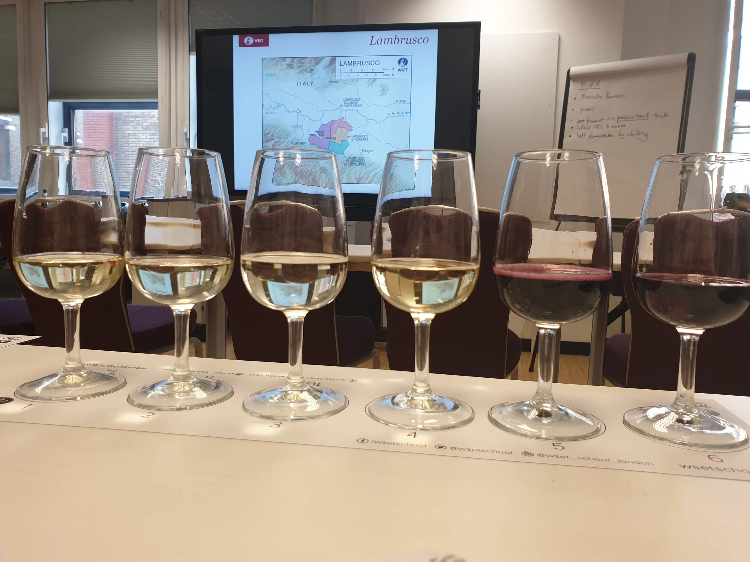 Several glasses of white wine or champagne arranged on a table in front of a presentation screen and whiteboard, with the focus on the glasses.