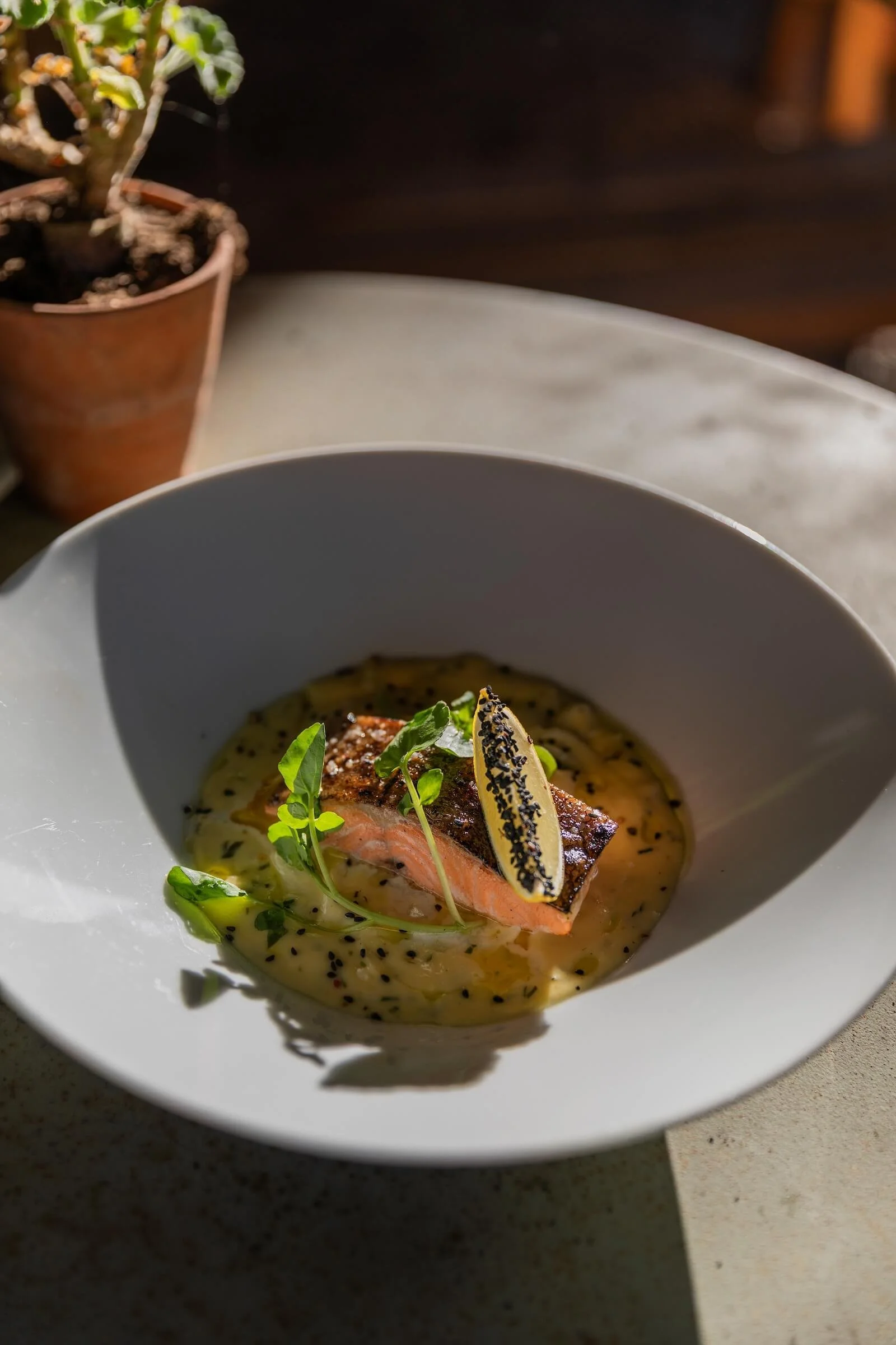 A bowl with a piece of grilled salmon topped with a slice of lemon and microgreens, served on a bed of creamy sauce with black sesame seeds or poppy seeds, placed on a white plate.