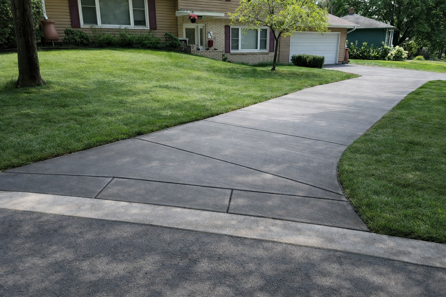 A suburban house with a curved concrete driveway, green lawn, trees, and a flowerpot hanging near the front door.