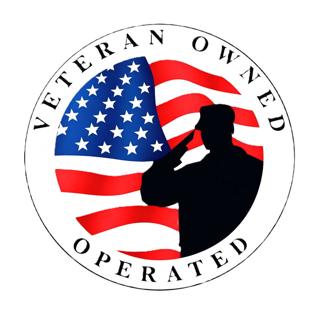 Silhouette of a saluting military figure against a background of the American flag with the text 'Veteran Owned & Operated' encircling the image.