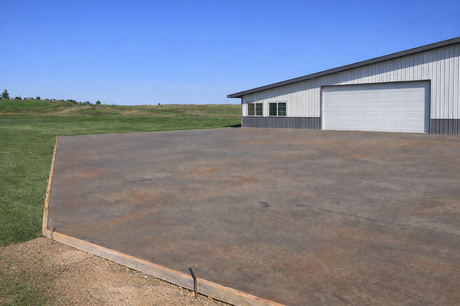 Flat concrete slab prepared for construction next to a white industrial building with a garage door and windows, on a grassy field under a clear blue sky.