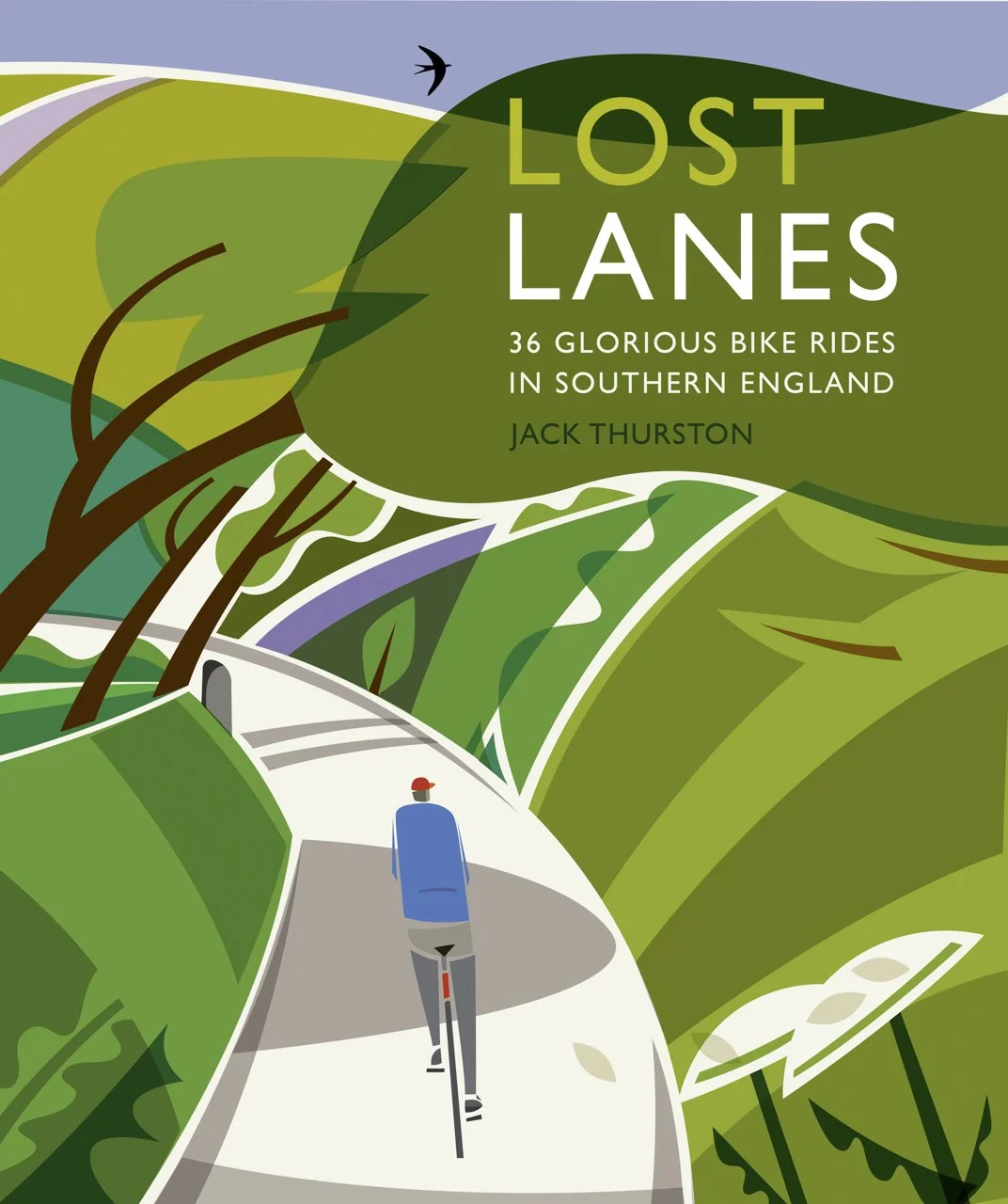 Illustration of a cyclist on a winding path through lush green countryside with trees and rolling hills, promoting the book "Lost Lanes: 36 Glorious Bike Rides in Southern England" by Jack Thurston.