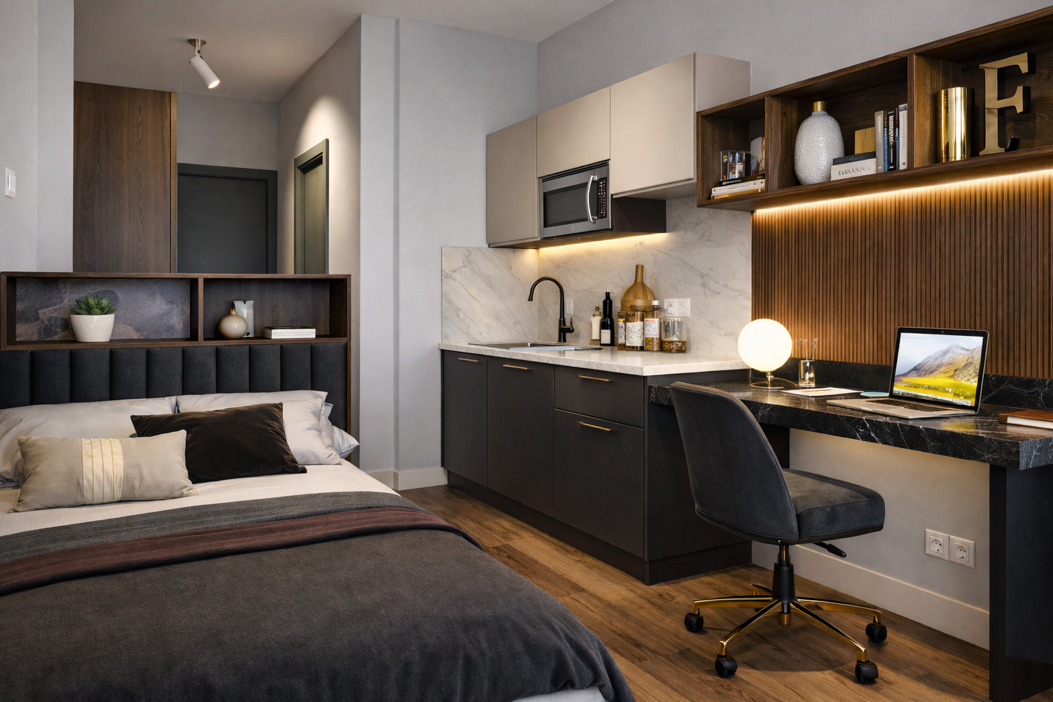 Interior view of a modern, minimalist apartment with a light wooden floor, white walls, a small desk with a chair near large glass doors, and a shelf on the right with storage baskets.